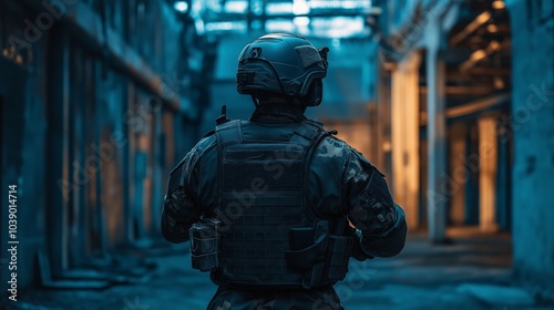 The fighter of the special unit turned and threateningly looks at the enemy. Back view.
