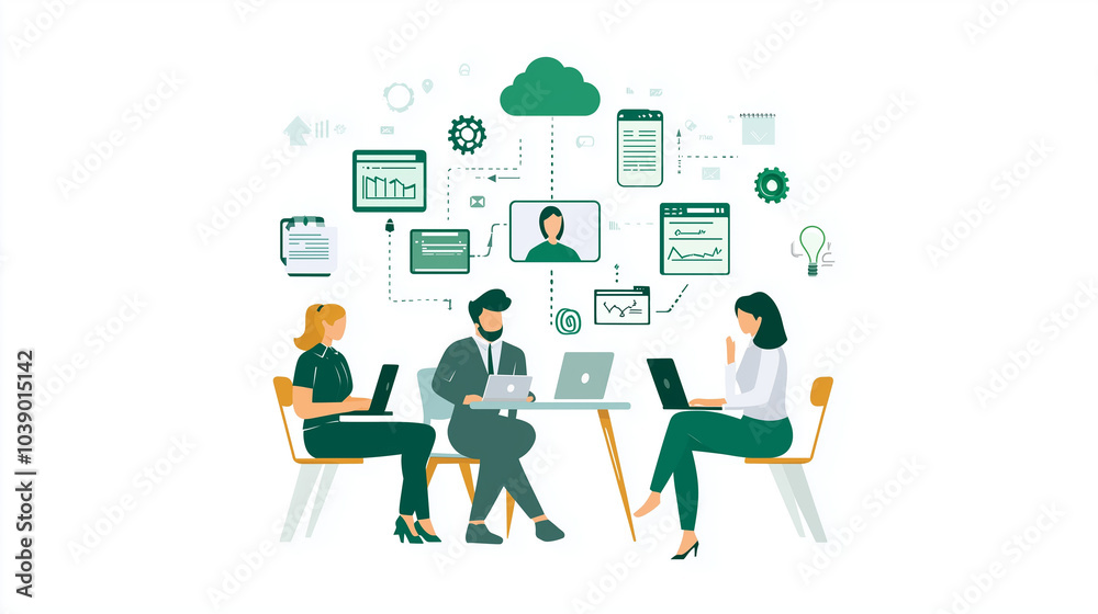 Contemporary illustration of professionals collaborating remotely through cloud-based solutions, emphasizing digital communication, virtual teamwork, and efficient business operations. Contemporary illustration of professionals collaborating remotely through cloud-based solutions, emphasizing digital communication, virtual teamwork, and efficient business operations.
