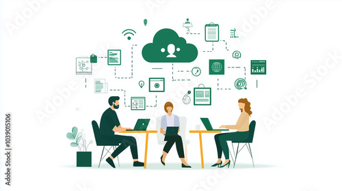 Contemporary illustration of professionals collaborating remotely through cloud-based solutions, emphasizing digital communication, virtual teamwork, and efficient business operations.