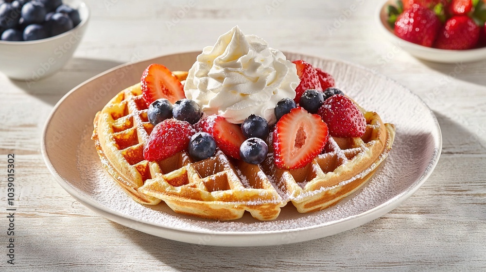 A white plate with waffles topped in strawberries and blueberries next to a strawberry bowl A white plate with waffles topped in strawberries and blueberries next to a strawberry bowl