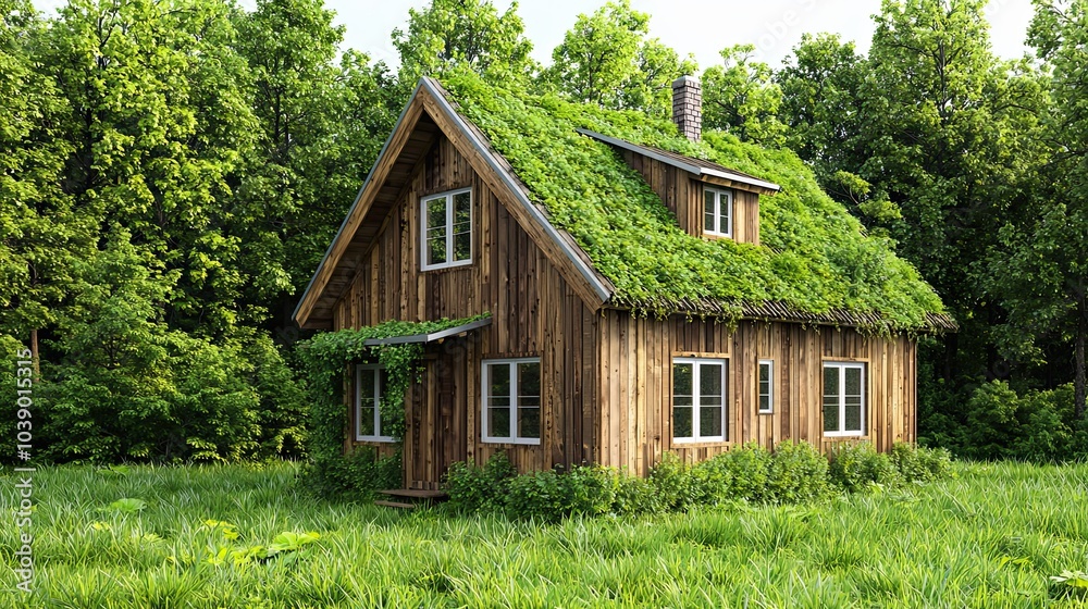 A quaint wooden house partially covered with greenery, surrounded by lush trees and grass, embodying a cozy, natural aesthetic. A quaint wooden house partially covered with greenery, surrounded by lush trees and grass, embodying a cozy, natural aesthetic.