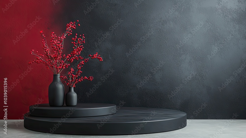 A minimalist display featuring black vases with red floral branches against contrasting deep red and gray backgrounds. A minimalist display featuring black vases with red floral branches against contrasting deep red and gray backgrounds.
