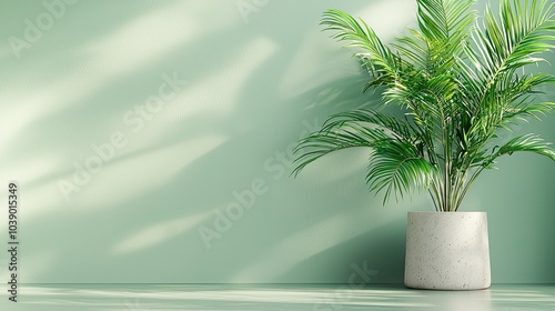 A stylish potted plant adds a touch of greenery to a minimalist space with a soft green wall backdrop, creating a calming atmosphere.