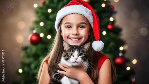 Close-up portrait of a happy girl wearing a Santa hat holding a cat near a Christmas tree.