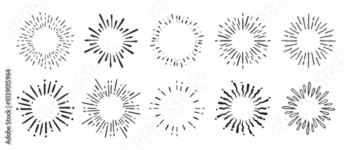 Vintage doodle Fireworks Sunburst Explosion set. Hand drawn Design Elements Black Rays
