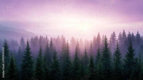 A serene forest landscape at dawn, featuring misty trees against a soft purple sky, evoking tranquility and natural beauty.