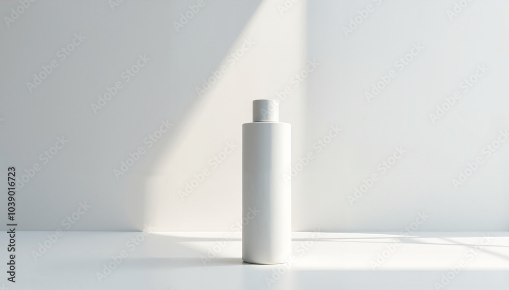 Simple white moisturizer bottle on a minimalistic background with natural light Simple white moisturizer bottle on a minimalistic background with natural light
