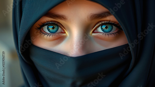 The eyes of a Muslim teenage girl, her face covered in a niqab, looks warmly at you. Traditional closed clothes for Oriental women. close-up