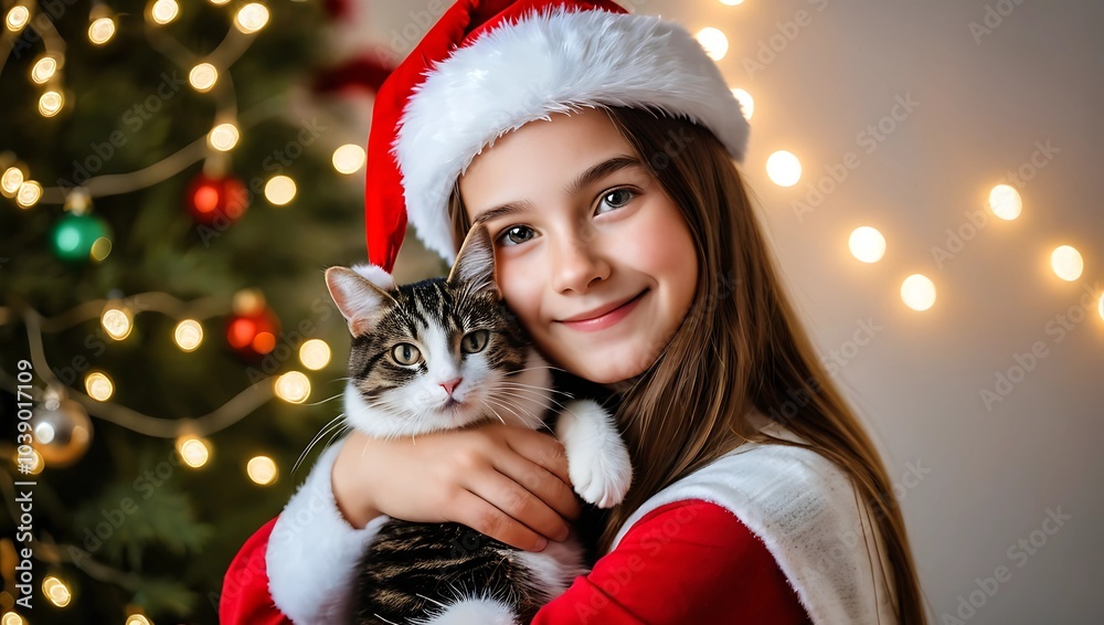 Close-up portrait of a happy girl wearing a Santa hat holding a cat near a Christmas tree. Close-up portrait of a happy girl wearing a Santa hat holding a cat near a Christmas tree.