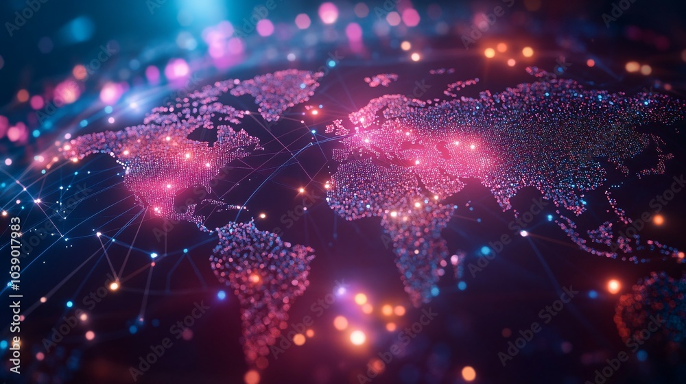 Obraz premium A Digital World Map with Interconnected Nodes and Glowing Lights