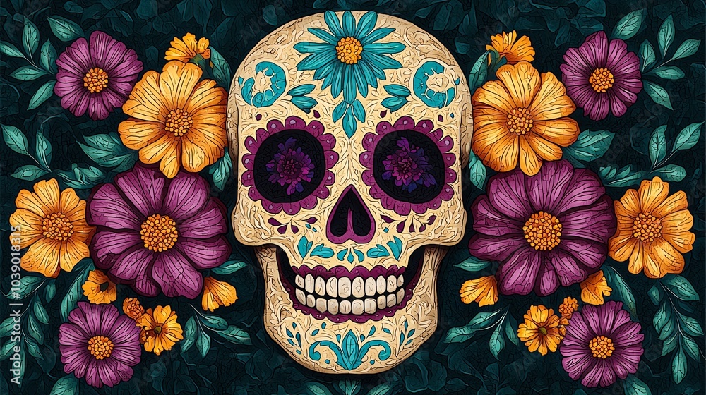 Colorful sugar skull design with vibrant flowers, representing Mexican culture and Day of the Dead celebration, on a dark background.