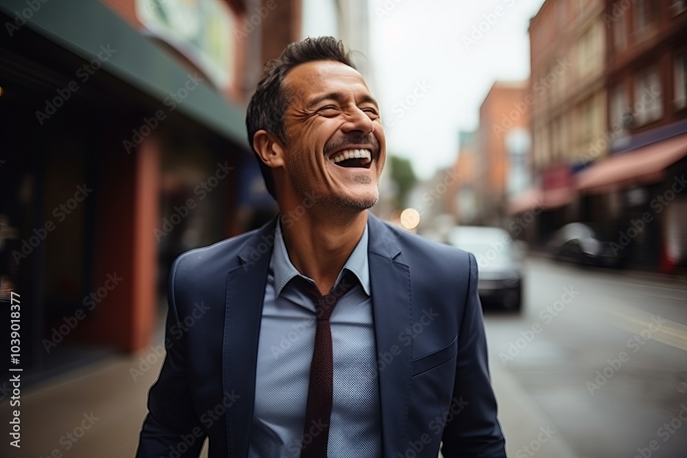 Portrait of a happy middle-aged businessman laughing in the street Portrait of a happy middle-aged businessman laughing in the street