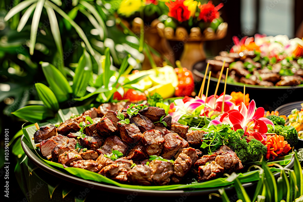 catering wedding buffet with meat, vegetables and flowers at restaurant catering wedding buffet with meat, vegetables and flowers at restaurant