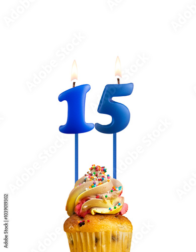 Candle in shape of the number 15 - Blue birthday on a white background. photo