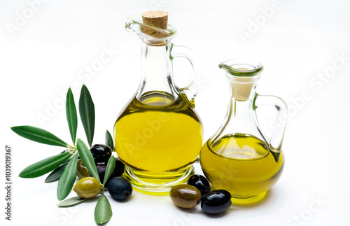 Bottle of olive oil with olive branches and olives on a white background. Vegetable oil. 