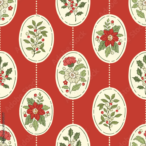 Retro Christmas vector seamless pattern: oval floral cameos and stripes. Nostalgic winter botanical design with poinsettia, mistletoe and holly. Vintage Victorian traditional framed holiday motifs