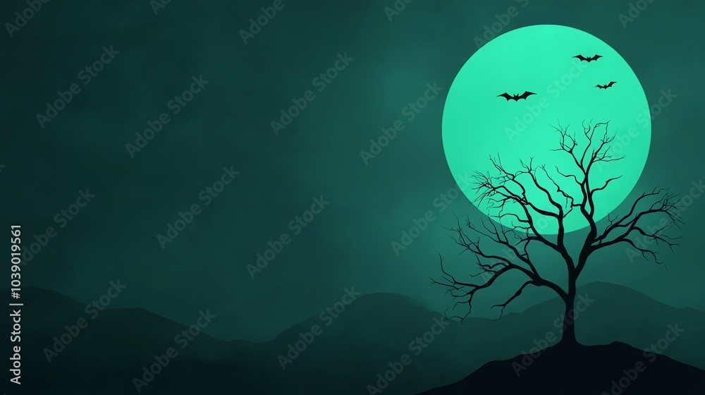 Spooky night scene with a full moon glowing over a silhouette of a barren tree and bats flying, evoking a mysterious and eerie atmosphere. Spooky night scene with a full moon glowing over a silhouette of a barren tree and bats flying, evoking a mysterious and eerie atmosphere.