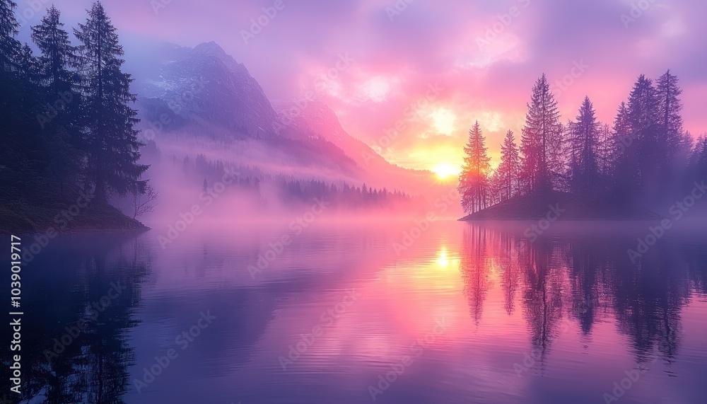 Misty Mountain Lake Sunrise with Silhouetted Trees Misty Mountain Lake Sunrise with Silhouetted Trees