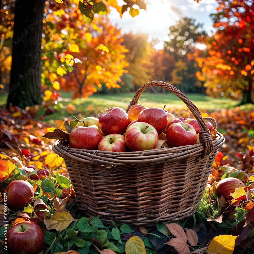 a basket full of apples on a green lawn with autumn trees and maple leaves in clear and sunny weather a basket full of apples on a green lawn with autumn trees and maple leaves in clear and sunny weather