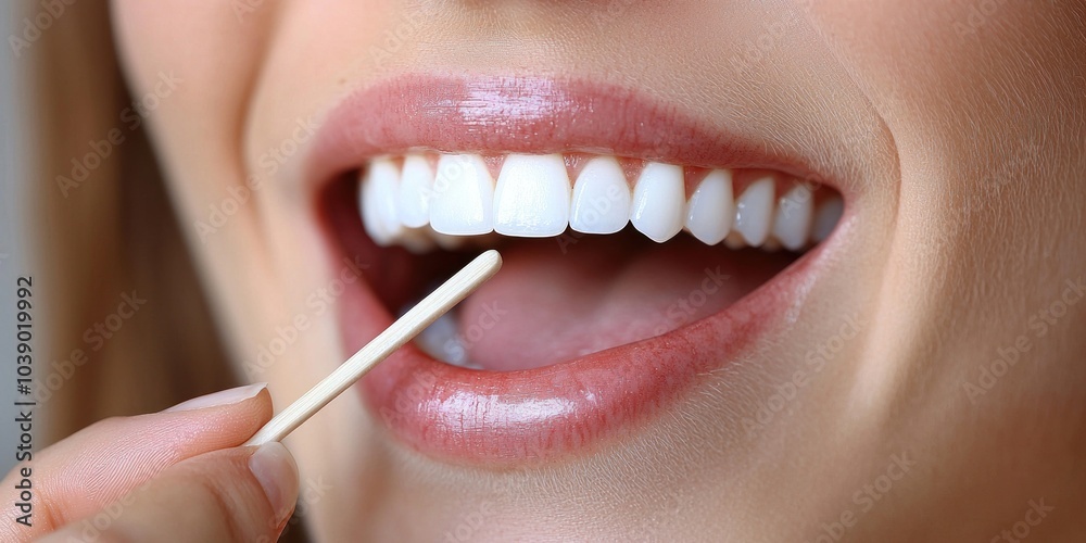 Fototapeta premium Close-up of a woman's mouth holding a wooden stick