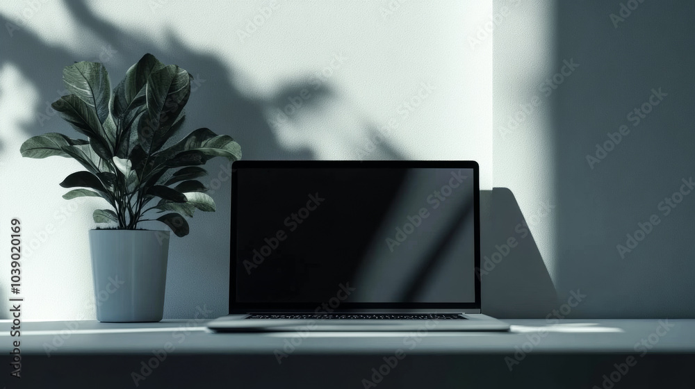 Minimalist Desk with Laptop and Green Plant in Soft Lighting Minimalist Desk with Laptop and Green Plant in Soft Lighting