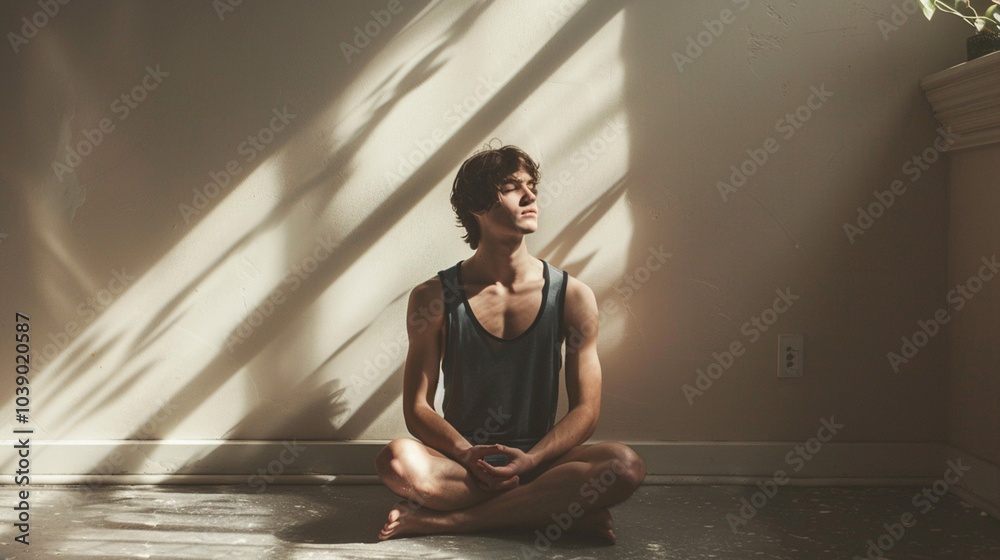 Man meditating in lotus pose in an empty room full of sun light. Restoration of strength, harmony with oneself, mental health concept Man meditating in lotus pose in an empty room full of sun light. Restoration of strength, harmony with oneself, mental health concept