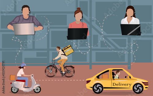 working in call center, delivery, delivery by bike, delivery by car, delivery by truck, package delyvery, drivers are in contact with call center, computer, delivery by moped