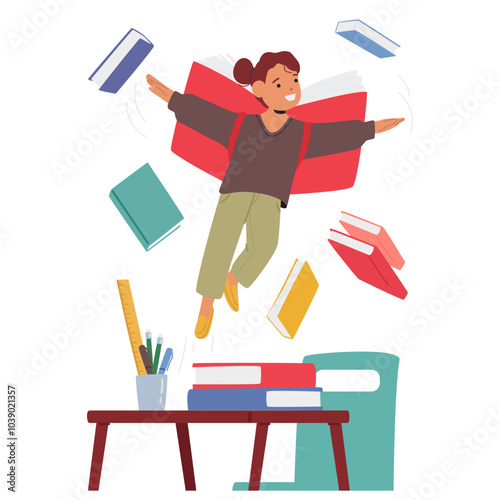 Child With Book Wings Experiencing The Excitement Of Learning With Books Flying Around, Capturing The Joy Back To School