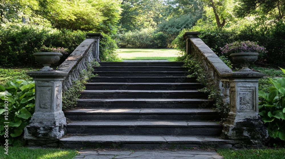 Stroll up the stone steps in the peaceful greenery of the park. Stroll up the stone steps in the peaceful greenery of the park.