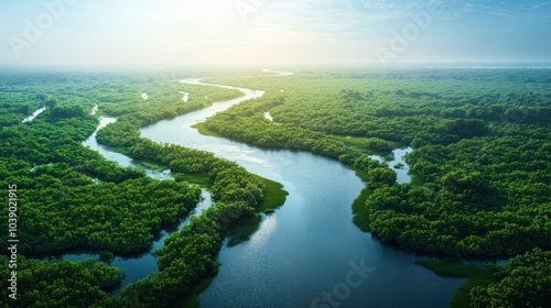 aerial view of a river delta with lush green vegetation and winding waterways Generative AI