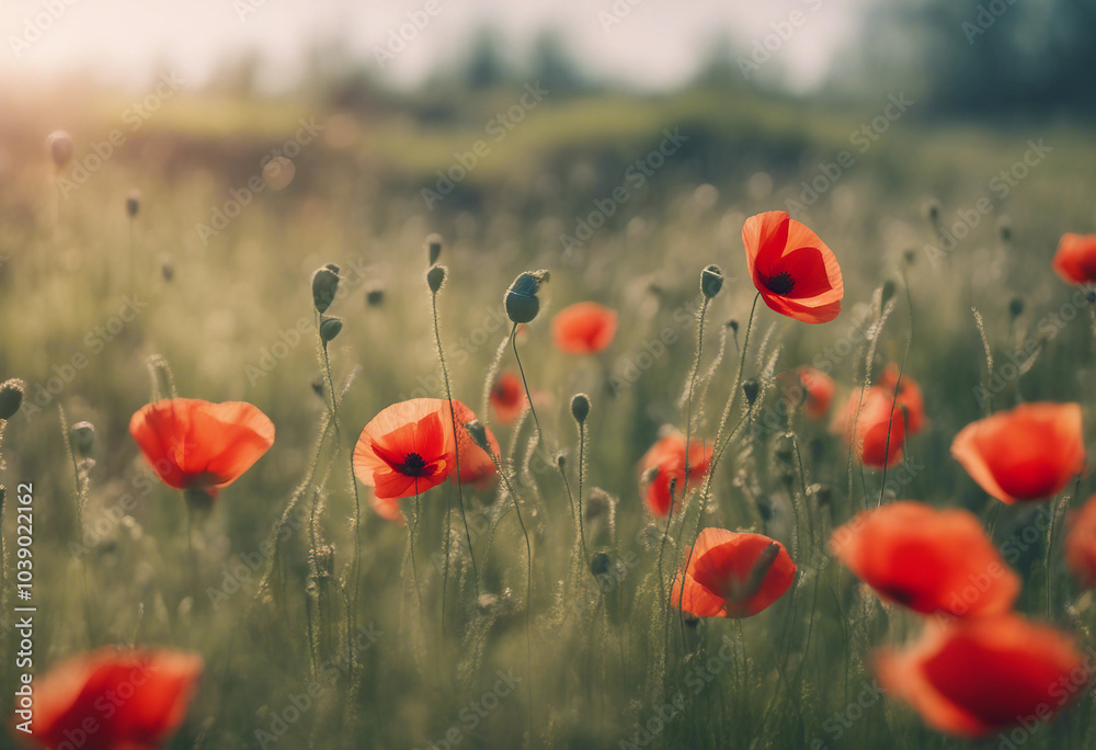 Fototapeta premium Spring meadow with red poppies