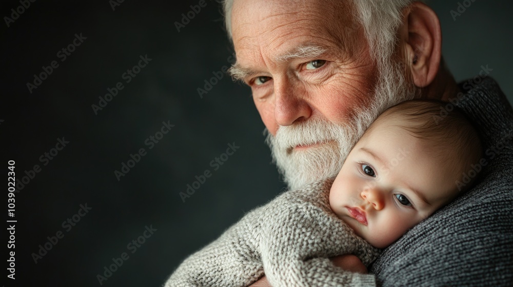Tender and clear images of a grandfather holding or cradling a baby, emphasizing a loving and protective bond. Backgrounds are minimal to highlight the intimate moment. Tender and clear images of a grandfather holding or cradling a baby, emphasizing a loving and protective bond. Backgrounds are minimal to highlight the intimate moment.