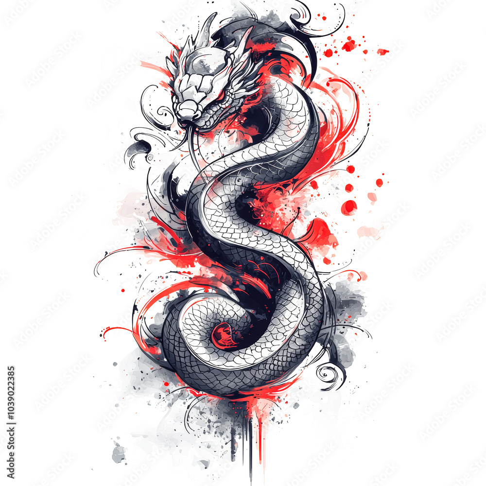 Abstract Dragon Illustration with Red Splash Accents Abstract Dragon Illustration with Red Splash Accents