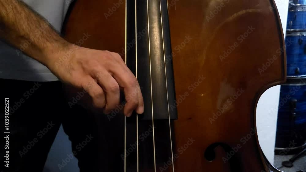Hand of adult amateur learns to play contrabass