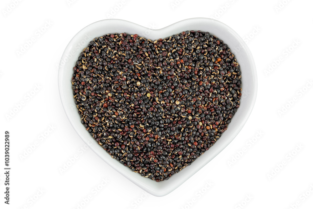 black quinoa in ceramic bowl isolated on white background. Top view. Flat lay black quinoa in ceramic bowl isolated on white background. Top view. Flat lay