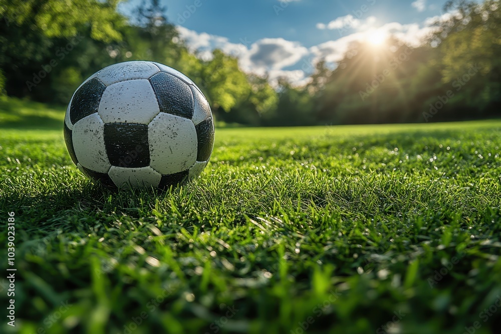 Fototapeta premium A soccer ball resting on lush green grass during a beautiful sunset in a serene park