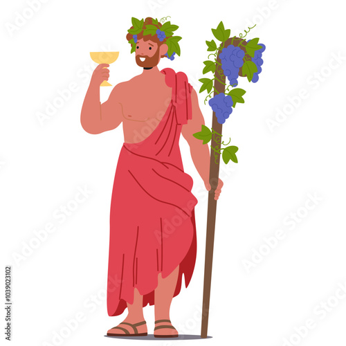 Dionysus Mythological Greek God Character Rejoicing and Holding A Golden Goblet Staff Decorated With Grapes