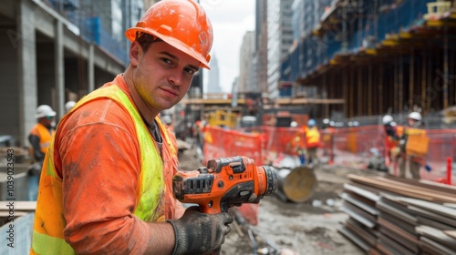 A construction worker in an orange hard hat and vest, operating a power tool and glancing at the camera, with a background of active construction work and safety barriers