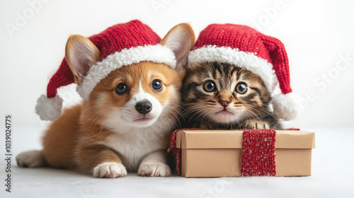 Puppy with kitten on white background with gifts