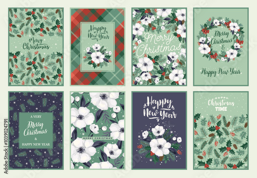 Christmas and Happy New Year cards with Christmas tree and white flowers. Vector template.