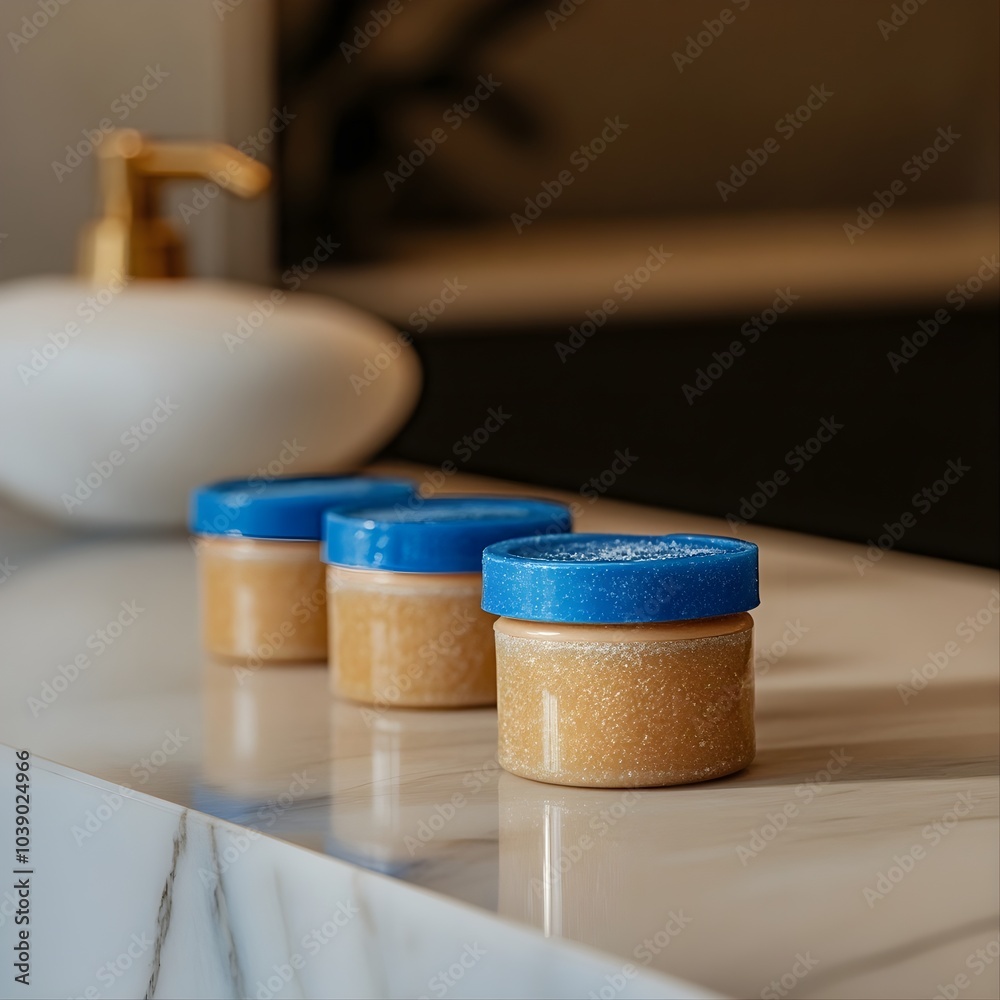 Naklejka premium a straight on image of body scrubs with blue caps sitting on a counter