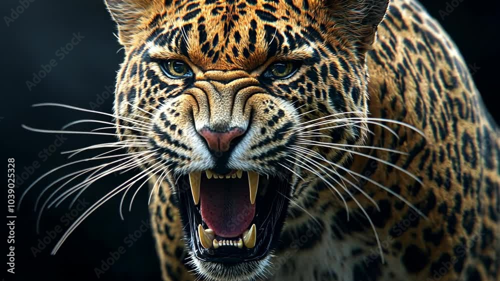 A close-up of a snarling leopard with its teeth bared, showing off its powerful presence