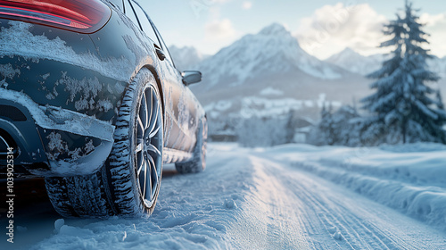 Close up of winter tires on car driving on uncleared road of snow in forest. Rear view of car. Generative AI photo