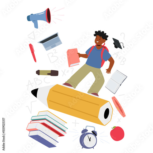 Happy Student Boy Riding Huge Pencil Surrounded By Books, Pencil, Backpack And Educational Elements