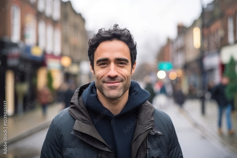 Portrait of a handsome Hispanic man smiling in a city street. Portrait of a handsome Hispanic man smiling in a city street.