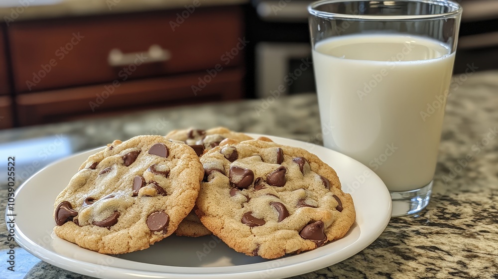 Homemade Chocolate Chip Cookies with a Glass of Milk on a Marble Countertop Homemade Chocolate Chip Cookies with a Glass of Milk on a Marble Countertop