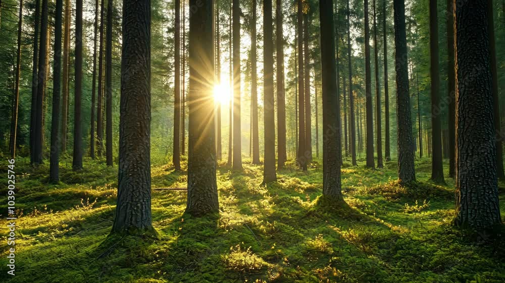 Sunlight streams through the tall trees in a dense forest, creating a magical atmosphere