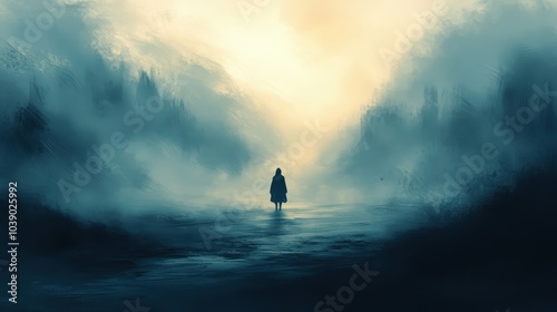 a person walking into the mist alone, a fleeting moment in a travelerâ€™s journey, a surreal landscape, bathed in soft, ethereal light.