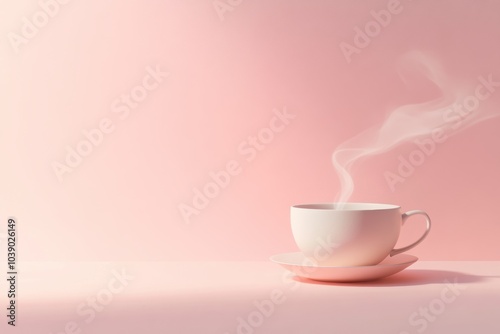 A cup of tea releases gently curling steam, creating an inviting atmosphere against a soft pink background, perfect for relaxation. Generative AI