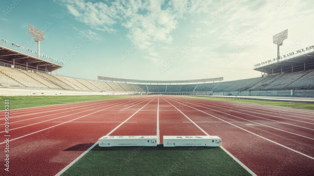 Obraz premium A track and field stadium with lanes and starting blocks, empty stands, Contemporary style